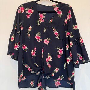 Navy Floral Bell Sleeve Tie-Front Blouse – Size S/P (Fits Like Medium)